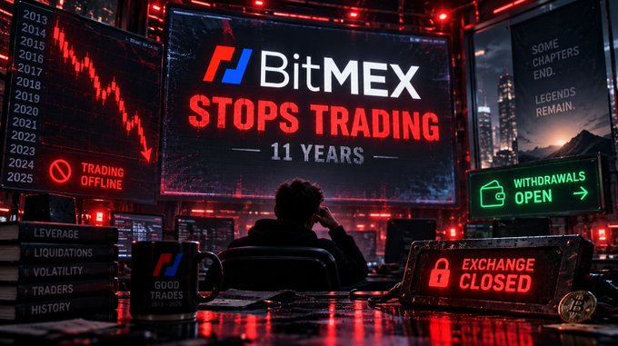 A stylized digital illustration shows a person seated before a large screen displaying 'BitMEX STOPS TRADING — 11 YEARS', surrounded by charts, a 'TRADING OFFLINE' indicator, and signs reading 'WITHDRAWALS OPEN' and 'EXCHANGE CLOSED'.