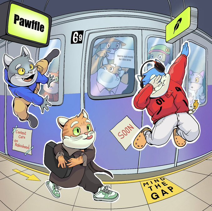 A cartoon subway scene featuring anthropomorphic cat characters in various costumes, with signs reading "Pawffle," "6g," "SOON," "Coolest Cats on Robinhood," and "MIND THE GAP" on the platform floor.