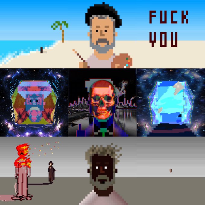 A pixel art collage features a bearded man with the text 'FUCK YOU', alongside surreal cosmic imagery including a skull, a face, and abstract floating shapes.
