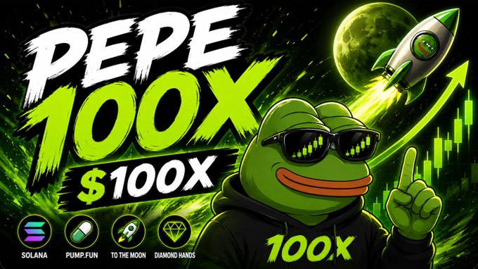 The image is a promotional graphic for "PEPE 100X ($100X)" featuring a cool Pepe the Frog character in sunglasses and a hoodie pointing upward, alongside a rocket ship soaring past a moon, a green candlestick chart, and icons labeled "Solana," "Pump.fun," "To The Moon," and "Diamond Hands." The text "$100X" and "100.X" are prominently displayed, visually reinforcing the post's message that $100X is now live and aims for massive 100x returns on the Solana network via Pump.fun.