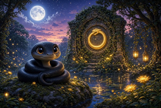 A whimsical fantasy illustration featuring a cute snake coiled on a mossy rock, with a glowing golden serpent emblem on a vine-covered stone monument in the background, under a full moonlit sky with fireflies.