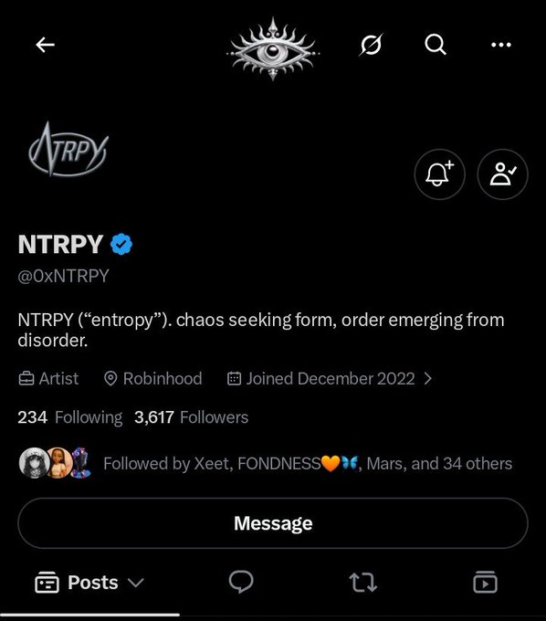 A screenshot of the verified X/Twitter profile for @0xNTRPY, an artist account on Robinhood Chain with 3,617 followers and the bio "NTRPY ('entropy'). chaos seeking form, order emerging from disorder."