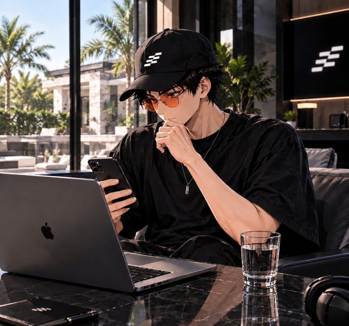 An anime-style illustration of a young man wearing a black cap with a white logo, orange-tinted sunglasses, and a black shirt, sitting at a dark marble table using a smartphone next to an Apple MacBook, with a glass of water and headphones nearby.