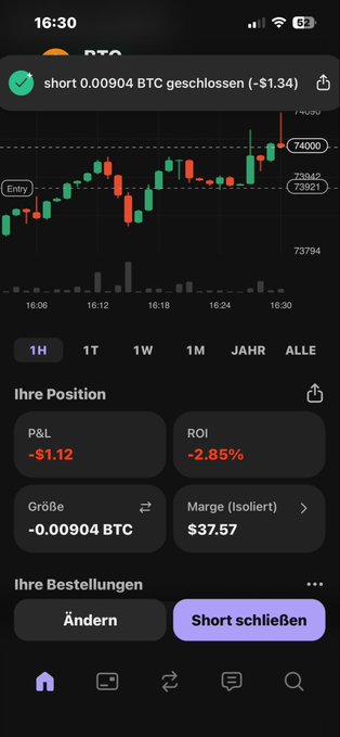 The image shows an app with a chart displayed, which appears to be related to Bitcoin trading. The chart has a green line indicating a Bitcoin value increase over time, and a red line showing a Bitcoin price drop. Below the chart, there is information about different Cryptocurrencies in German, including "Short dicht Trump hat gepostet dann flog Chart hoch aus Sicherheit von so Leute mit Maus in Wallet mit ... (Sicherheit mit ...)", which translates to "Bitcoin value and currency chart". The post suggests that Bitcoin is the main focus of this app, with a specific emphasis on Bitcoin trading.