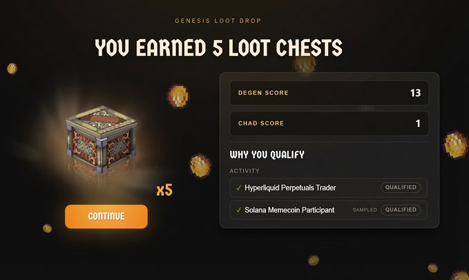 A "Genesis Loot Drop" rewards screen shows a user earned 5 Loot Chests with a Degen Score of 13 and Chad Score of 1, qualifying them through "Hyperliquid Perpetuals Trader" and "Solana Memecoin Participant" activity. This ties to the Cambria $RSGP airdrop promotion, where onchain trading and NFT holdings unlock free loot chests ahead of the TGE.