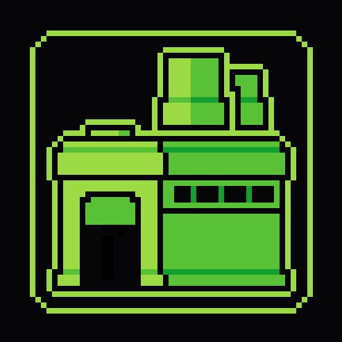 A pixel art icon of a green stove or oven with a pot on top, set against a dark background.