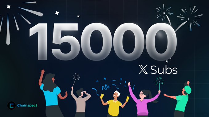 A celebratory graphic showing "15000 X Subs" in large white text with illustrated figures celebrating with fireworks and confetti, branded with the Chainspect logo.