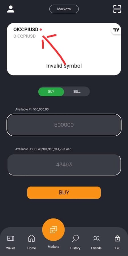 A screenshot of the Swapfone app's "Markets" trading interface shows an attempt to trade the "OKX:PIUSD" pair, which returns an "Invalid symbol" error, suggesting the OKX-PiUSD swap feature has not yet been activated on the platform despite recent announcements. The available balances display 500,000 PI and approximately 40.9 trillion USDS, with buy and sell fields set at 500,000 and 43,463 respectively.