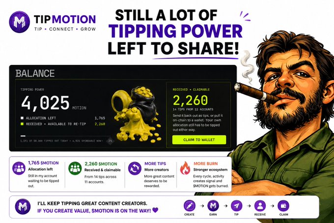 A promotional graphic for TIP MOTION showing a balance of 4,025 $MOTION tipping power with 1,765 allocation left, featuring a cartoon character smoking a cigar and details about receiving and burning $MOTION.
