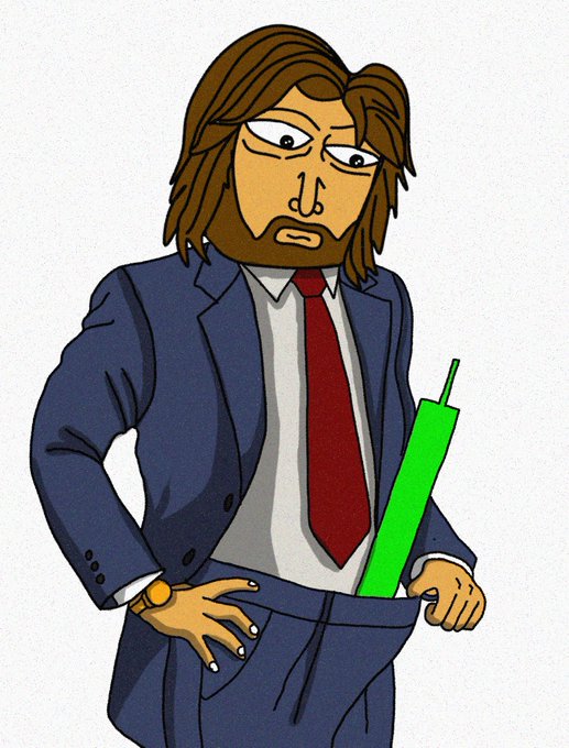 A cartoon illustration of a tired-looking bearded man in a blue suit and red tie, holding a green glow stick in his pocket, possibly referencing a crypto meme.