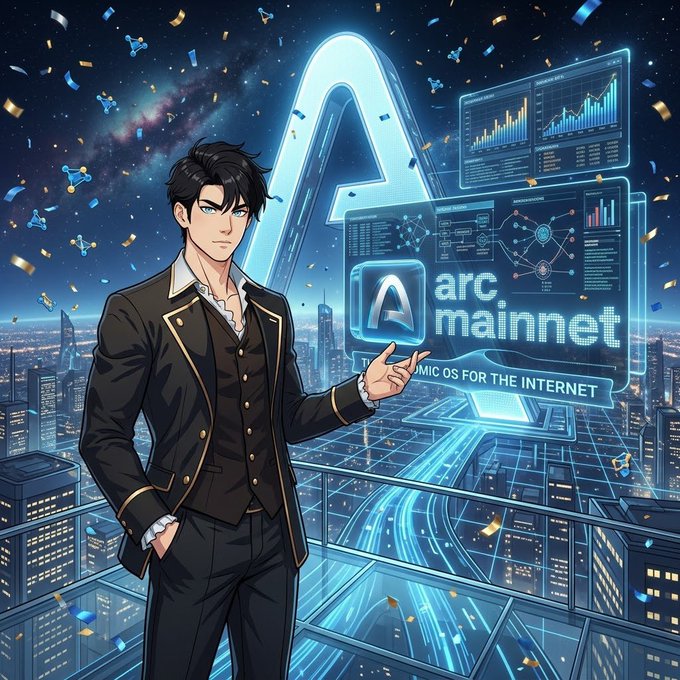 An anime-style illustration of a dark-haired man in a black suit standing on a rooftop overlooking a futuristic city, pointing at a holographic display for 'Arc Mainnet' branded as the 'Economic OS for the Internet.'
