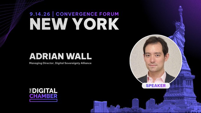 This image promotes the Convergence Forum in New York on September 14th, featuring Adrian Wall, Managing Director of Digital Sovereignty Alliance, as a speaker. The image visually represents the event by incorporating the Statue of Liberty and a city skyline, aligning with the post's focus on digital assets, market infrastructure, and institutional adoption.