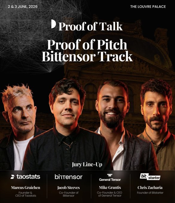 The image features four men standing next to each other with their faces lit up by stage lights. They are all smiling for the camera, creating an atmosphere of camaraderie and excitement. The background includes a building that appears to be a courthouse or a similar public building, suggesting that this gathering might be related to a legal event or discussion. The caption below the image reads "Proof of Talk Proof of Pitch Bittensor Track", which is likely a title for an upcoming event or conference.