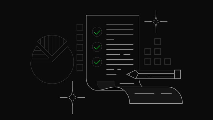 A dark-themed line illustration depicting business and data analytics elements, including a checklist with green checkmarks, a pie chart, a pen, and decorative star sparkles on a black background.