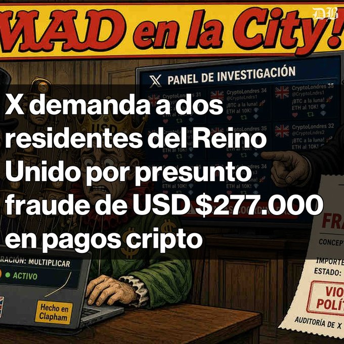 A Spanish-language news graphic titled 'MAD en la City!' with headline text reading 'X demanda a dos residentes del Reino Unido por presunto fraude de USD $277.000 en pagos cripto', showing a 'PANEL DE INVESTIGACIÓN' with crypto handles like CryptoLondres.