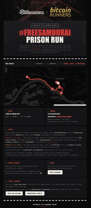 Promotional webpage for the '#FREESAMOURAI PRISON RUN' event, a Bitcoin Runners collaboration with NodeRunners that took place in July 2026, including a route map and gameplay instructions.