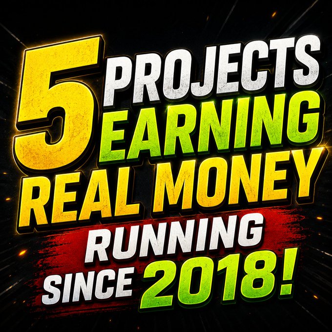 The image features a banner with yellow text that reads "5 Projects Earning Real Momey - Running SINCE 2018!". The background of the image is black, which contrasts with the bright yellow text. Below this, there are five projects listed in white text, each accompanied by an image or illustration related to the project. These projects include collecting, breeding, and fighting cute Axies (NFT pets). The overall layout suggests that these projects are designed for individuals who want to learn about and engage with the world of real money-making through gaming.