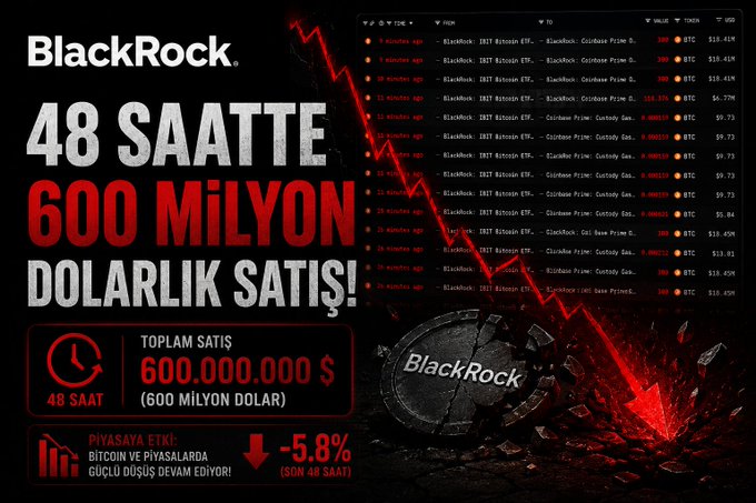 A graphic showing that BlackRock sold $600 million worth of crypto in 48 hours, with a falling red chart arrow and a cracked BlackRock logo. The image lists several transactions of "BlackRock: IBIT Bitcoin ETF" being transferred to Coinbase Prime, showing Bitcoin and Ethereum amounts. The accompanying post is correct: the image displays BlackRock's $600 million crypto transfers (7,160 BTC and ETH) to Coinbase Prime wallets within 48 hours, accompanied by a 5.8% decline in the broader crypto market.
