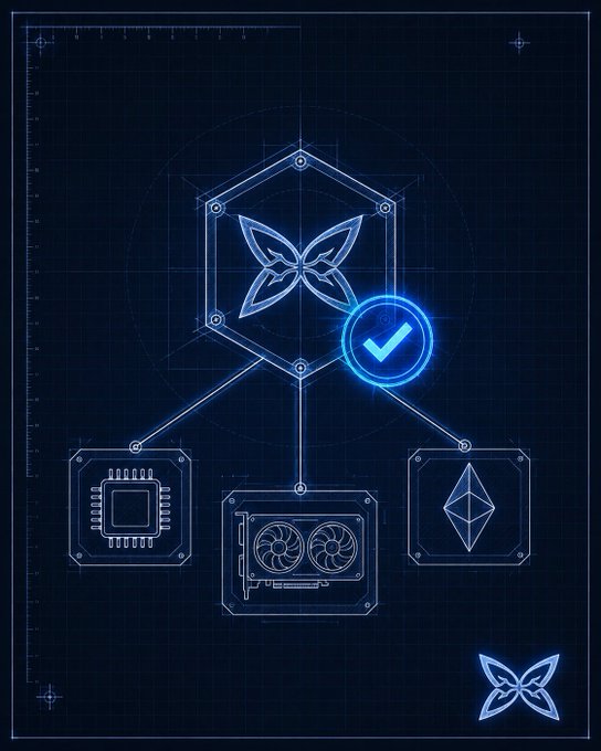 A blue schematic-style blueprint image showing a butterfly-shaped emblem connected to CPU, GPU, and Ethereum diamond icons with a verification checkmark.
