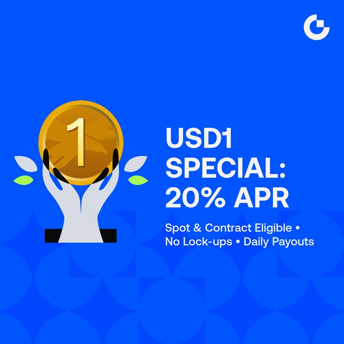 The image features a graphic design with a gold coin being held up by two hands against a blue background, positioned over text that says "USD1 Special: 20% APR estimated Pool exclusivo: saldos Spot + Futures generan recompensas Máxima flexibilidad: sin bloqueo. Opera y gana con pagos diaries Asegura". This graphic is likely related to the USDCrowdfunding post, where the user's reward or prize in this case is a gold coin symbolizing either winning an auction item through their campaign or scoring high on an online contest.