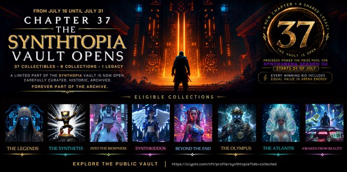 This promotional banner announces the opening of "Chapter 37: The Synthtopia Vault" from July 16–31, featuring 37 collectibles from 8 collections. The image visually showcases the participating series, including The Legends, The Synthetix, Into the Biosphere, Synthkiddos, Beyond the End, The Olympus, The Atlantis, and Awaken from Reality.
