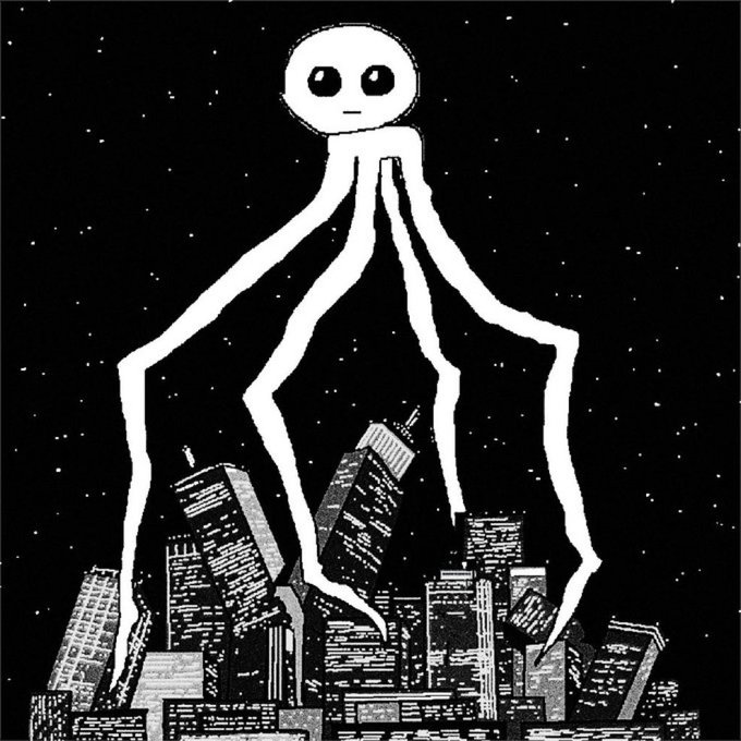 A black and white illustration of a large alien creature with long limbs towering over a city skyline at night.
