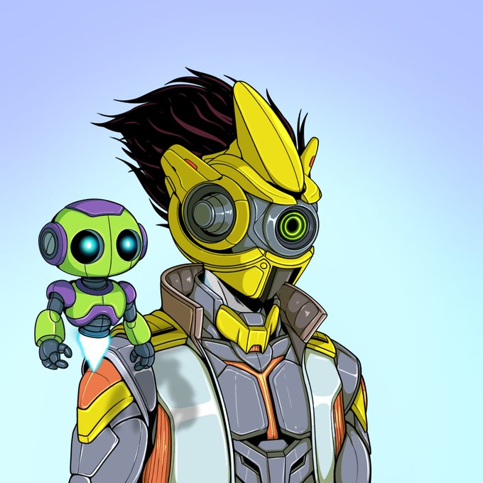 A digital illustration of a character wearing a yellow mechanical helmet and armor, accompanied by a small green and purple robot on their shoulder.