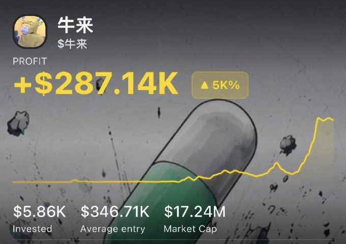 A trading profile screen for "牛来" ($牛来) displays a profit of +$287.14K (up 5K%) with $5.86K invested and a $17.24M market cap, illustrating the meme coin gains the poster claims to have achieved. The image visually supports the post's brag about profiting $287K from the Chinese meme token.