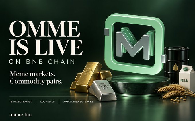 A promotional graphic announcing "OMME IS LIVE ON BNB CHAIN," featuring a glowing green "M" logo alongside gold and silver bars, an oil barrel, milk carton, and wheat, with the website "omme.fun" and features like "1B FIXED SUPPLY," "LOCKED LP," and "AUTOMATED BUYBACKS" listed at the bottom.
