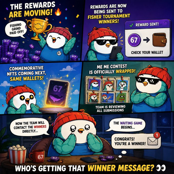 A comic-style graphic announces 'THE REWARDS ARE MOVING!' for the 'FISHER TOURNAMENT,' showing a penguin character receiving tokens, NFTs, and emails with the text 'WHO'S GETTING THAT WINNER MESSAGE?'