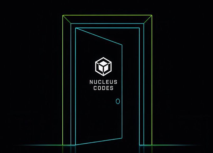 A neon-outlined open door with a glowing cube logo and the text "NUCLEUS CODES" symbolizes the portal to building a transparent, verifiable Web3 identity that reflects a user's holdings, activities, and reputation onchain.