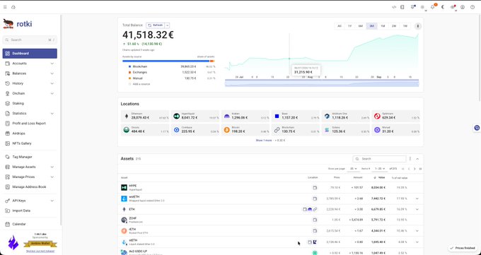 A screenshot of a portfolio dashboard called 'rotki' showing a total balance of 41,518.32€, with breakdowns of locations, assets, and historical balance graphs.