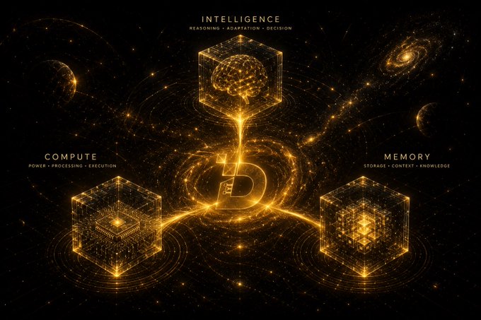 A glowing golden cosmic visualization features three holographic cubes orbiting a central "Ð" symbol (Dogecoin's logo), each labeled "COMPUTE - POWER • PROCESSING • EXECUTION," "MEMORY - STORAGE • CONTEXT • KNOWLEDGE," and "INTELLIGENCE - REASONING • ADAPTION • DECISION," illustrating the post's message that DI is building all three foundational pillars of an AI agent.