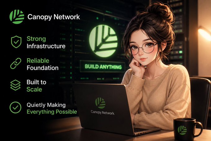 A promotional graphic for 'Canopy Network' featuring an illustrated young woman with glasses working on a laptop. The text highlights 'Strong Infrastructure', 'Reliable Foundation', 'Built to Scale', and 'Quietly Making Everything Possible'.