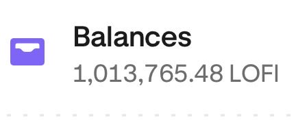 White interface element showing 'Balances' with a purple wallet icon displaying '1,013,765.48 LOFI' tokens.