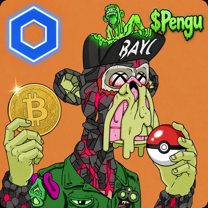 A cartoon illustration titled '$Pengu' featuring a zombie-like character wearing a 'BAYC' hat, holding a Bitcoin coin and a Pokéball, with the Chainlink logo in the top left corner.