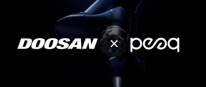 The image showcases a dramatic, dark promotional graphic featuring a silhouetted robotic arm in the background, with the bold white "DOOSAN" logo on the left and the "peaq" logo on the right, separated by a central "×" symbol—visually announcing the partnership between Doosan Robotics and peaq. The accompanying text confirms this collaboration, noting that Doosan Robotics, Korea's leading collaborative robot maker, is bringing industrial robots onchain on Solana using peaqOS, with the first unit enabling financing and revenue generation from idle capacity.