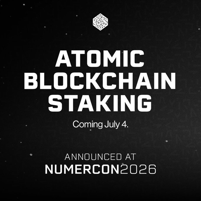 The image features a black background with white text that reads "Atomic Blockchain Staking Coming July 4, 2016". The text also includes an announcement for a new platform called "forum.numer.ai" where people can learn more about Atomic Blockchain Staking and participate in discussions related to the topic.