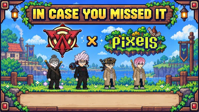 Pixel art graphic with text 'IN CASE YOU MISSED IT' featuring logos for FC and Pixels above four pixelated characters standing in a grassy, fantasy landscape.