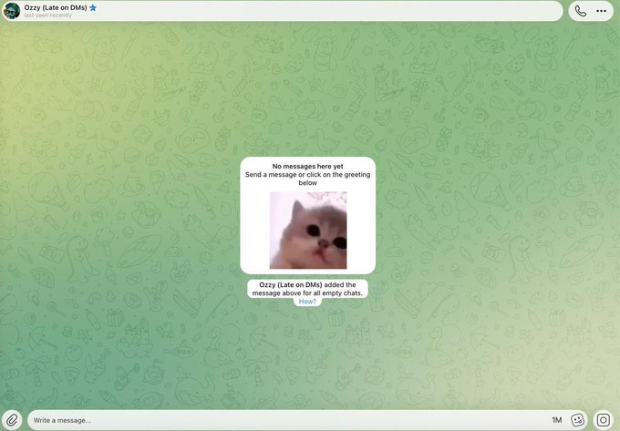 A Telegram chat screen with "Ozzy (Late on DMs)" displays an empty conversation message stating "No messages here yet" alongside an image of a wide-eyed cat, while a chat bubble shows "Ozzy (Late on DMs) added the message above for all empty chats." The image humorously illustrates the concept of a meme coin cat mascot (referencing $JAMCAT) and an empty Telegram group.