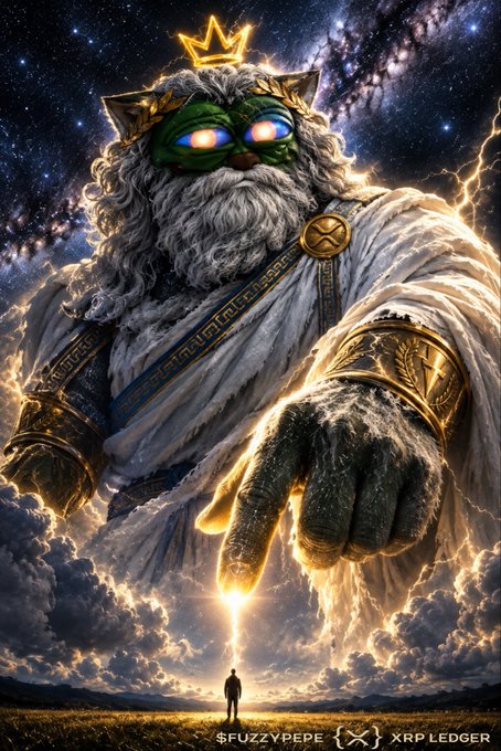 A digital artwork depicts a giant, bearded deity figure wearing a crown and glowing glasses, with a small human silhouette standing below in a field; text reads '$FUZZYPEPE (X) XRP LEDGER'.