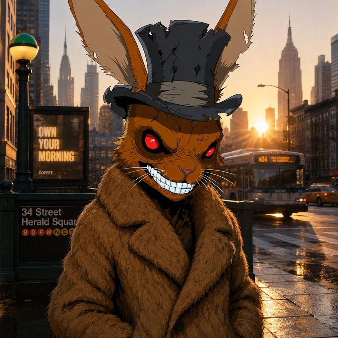 An anime-style illustration of a humanoid rabbit character with glowing red eyes wearing a top hat and brown coat, standing near a '34 Street Herald Square' subway entrance in a city at sunset.
