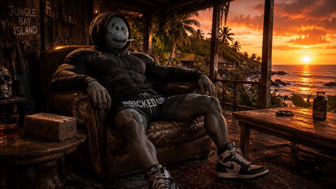 A muscular masked figure in "BRICKEDUP" shorts lounges in a leather chair on a jungle porch overlooking a tropical sunset at "Jungle Bay Island," with a "BRICK" block and "Jungle Juice" bottle beside him—visually reinforcing the $BAYLA meme's laid-back "island maxxing" island lifestyle aesthetic.