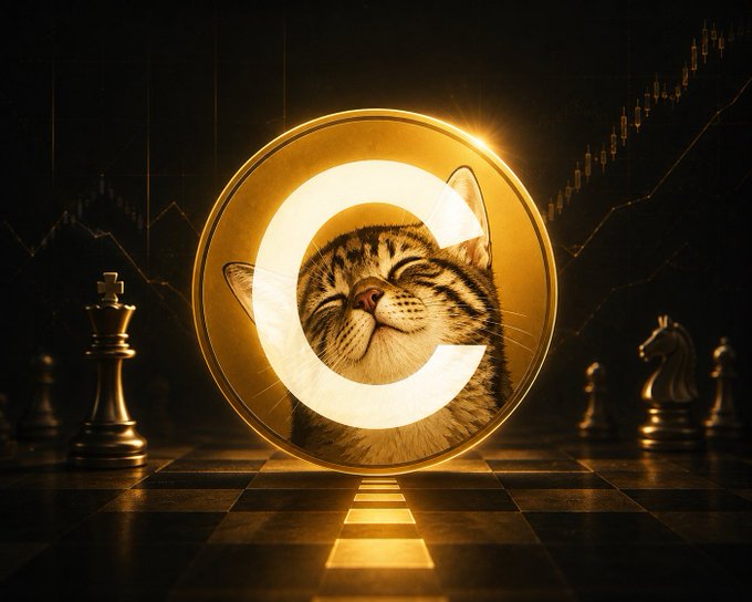 A golden coin bearing a white "C" logo and the face of a smiling tabby cat sits on a chessboard, with golden chess pieces and a candlestick chart visible in the background.