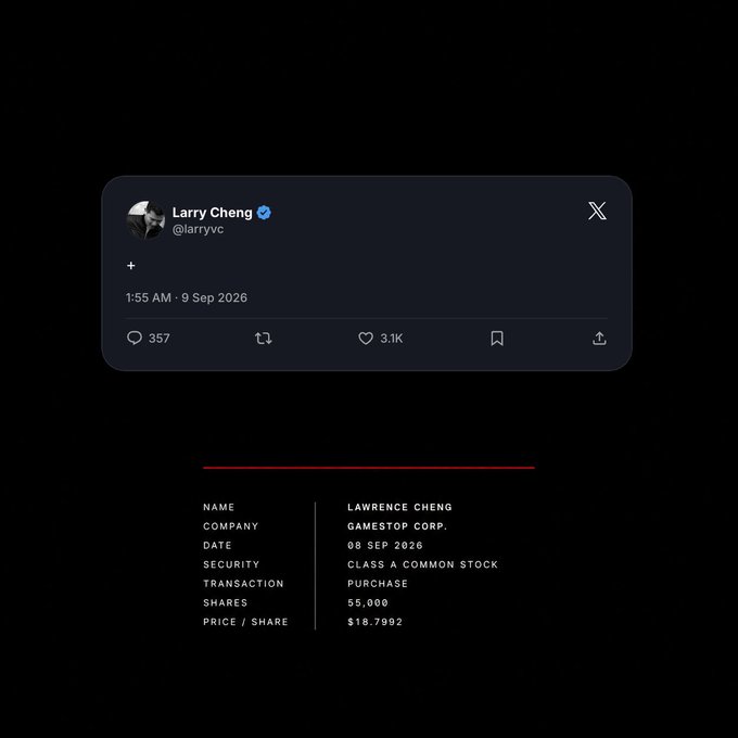 A screenshot of a tweet from Larry Cheng (@larryvc) timestamped 1:55 AM - 9 Sep 2026, showing a stock transaction record for LAWRENCE CHENG purchasing 55,000 shares of GAMESTOP CORP. CLASS A COMMON STOCK at $18.7992 per share on 08 SEP 2026.
