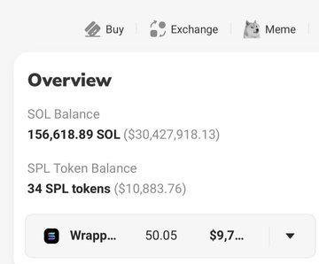 A screenshot shows a Solana wallet overview with an SOL Balance of 156,618.89 SOL ($30,427,918.13) and 34 SPL tokens ($10,883.76), including a wrapped SOL token. This image is likely being shared as "proof" of the poster's wealth to lend credibility to their claim about raising $32M in a Solana presale and a memecoin reaching $200M, as part of a typical giveaway scam soliciting Solana addresses.