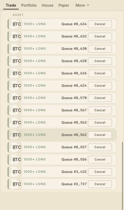 A trading app interface shows multiple queued BTC 1000× LONG orders awaiting execution, with a 'Cancel' option for each.