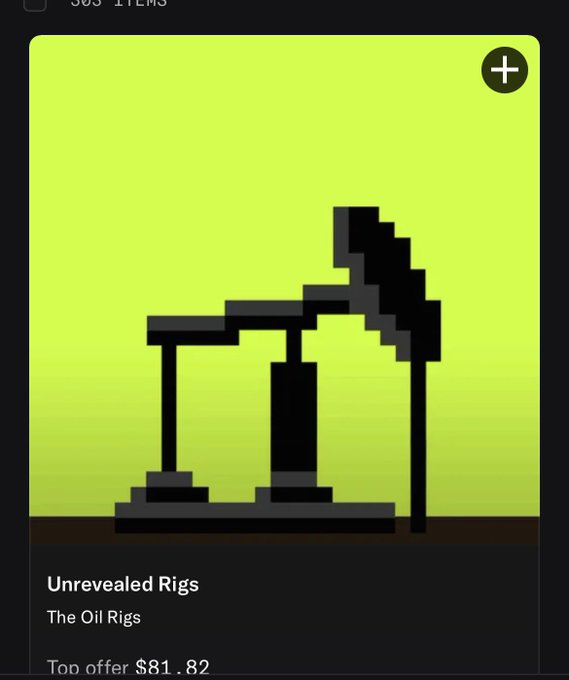 The image shows a digital trading card or NFT listing titled "Unrevealed Rigs" by "The Oil Rigs" collection, featuring pixel art of black oil pumpjacks against a bright yellow-green background, with a top offer of $81.82 displayed at the bottom. This relates to the post about minting oil rig NFTs, as it visually represents the unrevealed stage of the collection that holders are profiting from.