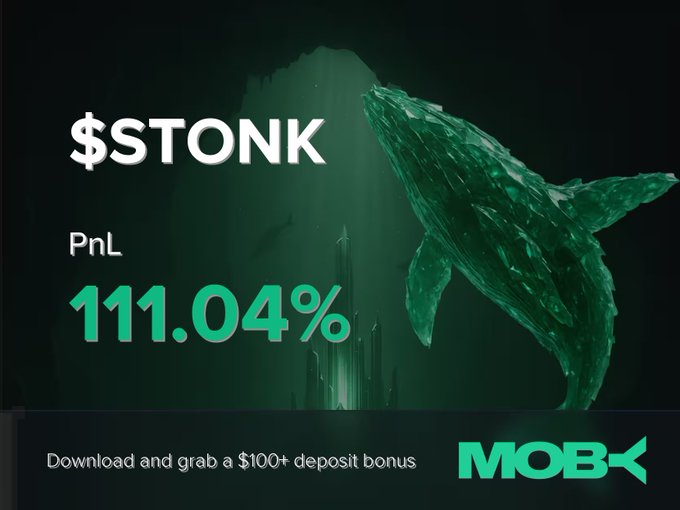 A promotional image for Moby Mobile showcasing a "$100+ deposit bonus" with a striking green whale graphic, displaying the ticker "$STONK" alongside a notable PnL of 111.04% in bright green text, highlighting a successful trader win alert.