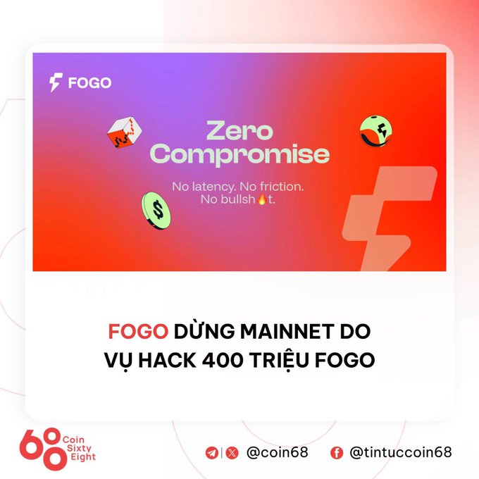 Promotional graphic for FOGO blockchain featuring text 'Zero Compromise - No latency. No friction. No bullshit' and Vietnamese caption 'FOGO DỰNG MAINNET DO VỢ HACK 400 TRIỆU FOGO' by Coin Sixty Eight.